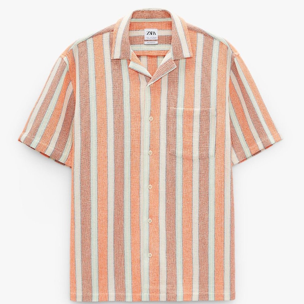 Men's Small Zara Short Sleeve Textured Knit Button Down Camp Shirt Pocket Stripe